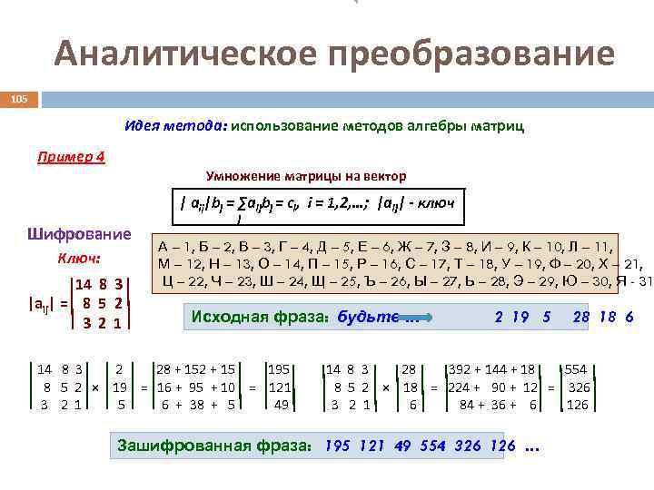 Аналитическое преобразование 105 Идея метода: использование методов алгебры матриц Пример 4 Умножение матрицы на