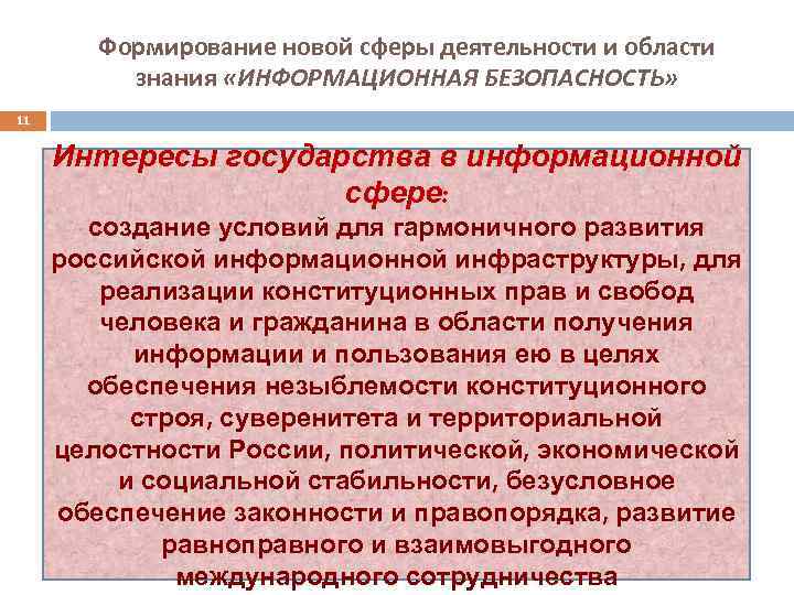 Формирование новой сферы деятельности и области знания «ИНФОРМАЦИОННАЯ БЕЗОПАСНОСТЬ» 11 Интересы государства в информационной