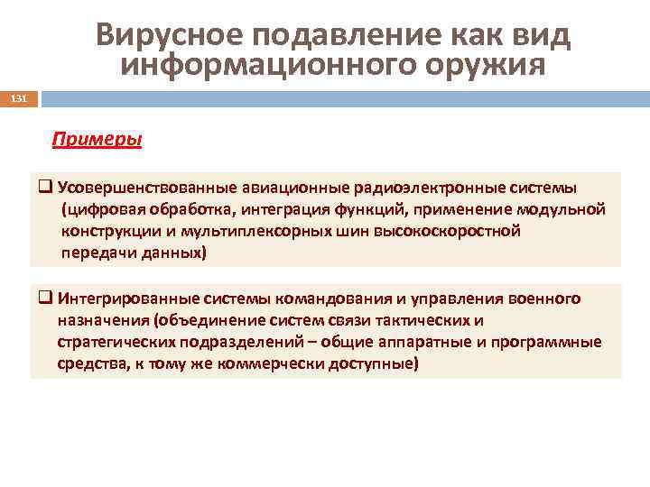 Вирусное подавление как вид информационного оружия 131 Примеры q Усовершенствованные авиационные радиоэлектронные системы (цифровая