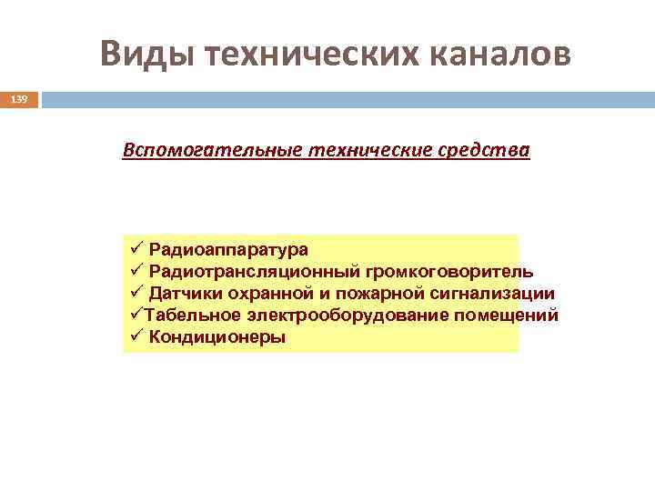 Виды технических каналов 139 Вспомогательные технические средства ü Радиоаппаратура ü Радиотрансляционный громкоговоритель ü Датчики