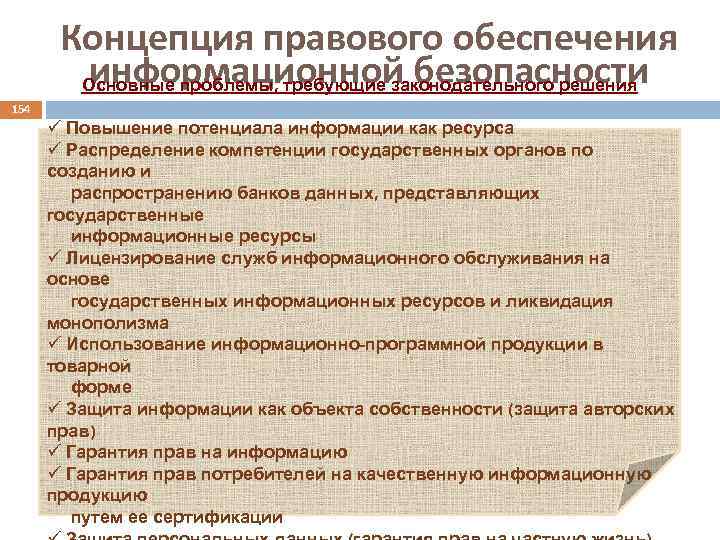 Концепция правового обеспечения информационной безопасности Основные проблемы, требующие законодательного решения 154 ü Повышение потенциала