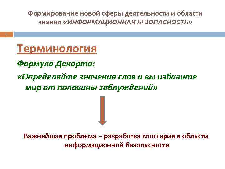 Формирование новой сферы деятельности и области знания «ИНФОРМАЦИОННАЯ БЕЗОПАСНОСТЬ» 5 Терминология Формула Декарта: «Определяйте