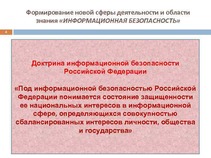 Формирование новой сферы деятельности и области знания «ИНФОРМАЦИОННАЯ БЕЗОПАСНОСТЬ» 8 Доктрина информационной безопасности Российской