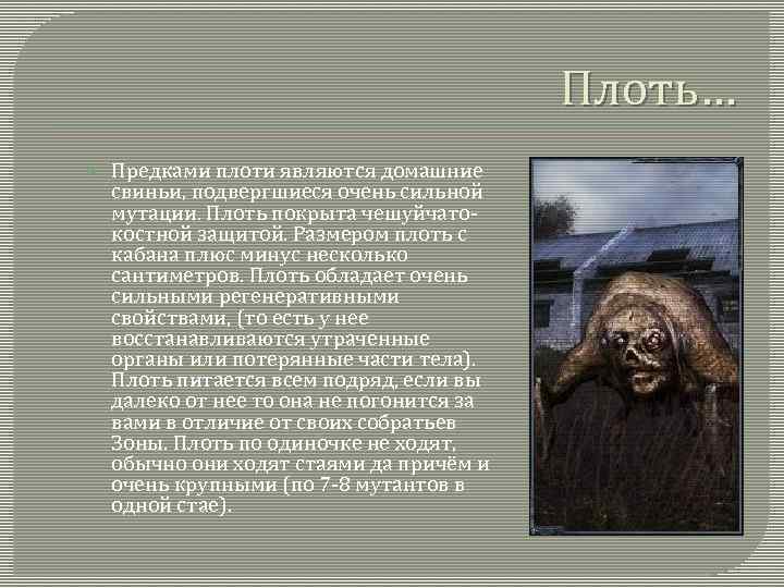 Плоть… Предками плоти являются домашние свиньи, подвергшиеся очень сильной мутации. Плоть покрыта чешуйчатокостной защитой.