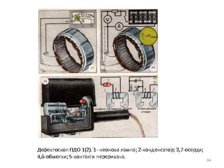 Дефектоскоп ПДО 1(2). 1 неонова лампа; 2 конденсатор; 3, 7 осердя; 4, 6 обмотки;