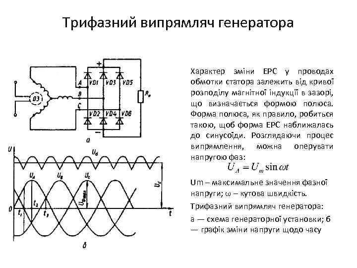 Трифазний випрямляч генератора Характер зміни ЕРС у проводах обмотки статора залежить від кривої розподілу