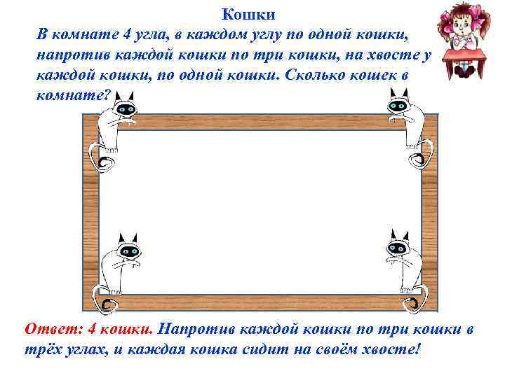 Кошки В комнате 4 угла, в каждом углу по одной кошки, напротив каждой кошки