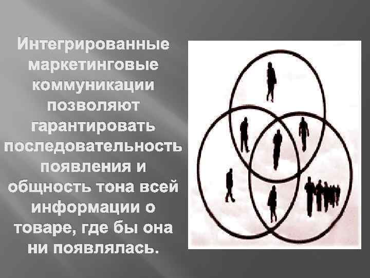 Интегрированные маркетинговые коммуникации позволяют гарантировать последовательность появления и общность тона всей информации о товаре,