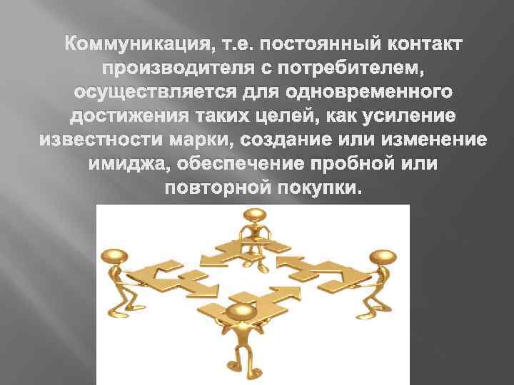 Коммуникация, т. е. постоянный контакт производителя с потребителем, осуществляется для одновременного достижения таких целей,