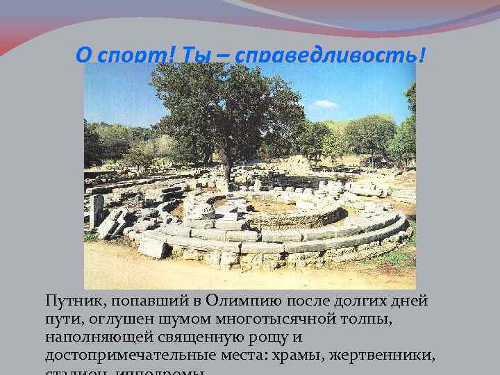 О спорт! Ты – справедливость! Путник, попавший в Олимпию после долгих дней пути, оглушен