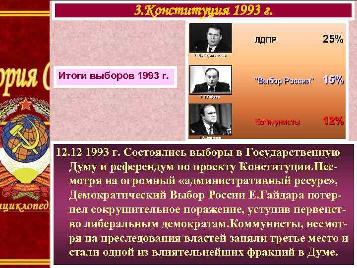 3. Конституция 1993 г. Итоги выборов 1993 г. 12. 12 1993 г. Состоялись выборы