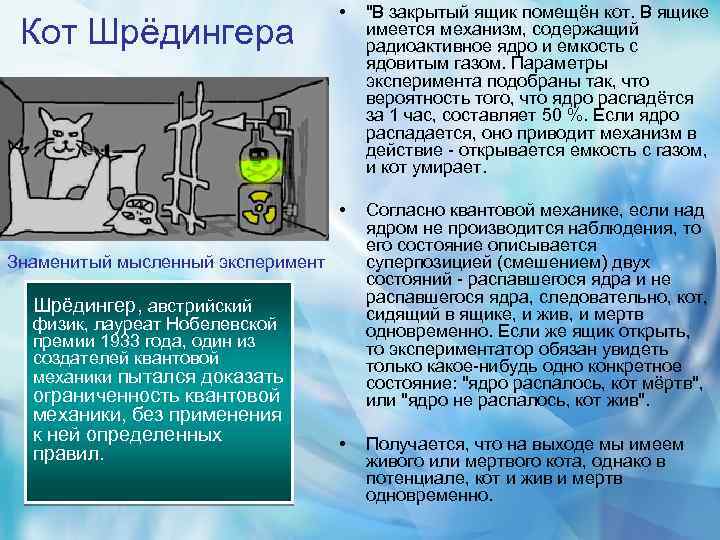 "В закрытый ящик помещён кот. В ящике имеется механизм, содержащий радиоактивное ядро и емкость