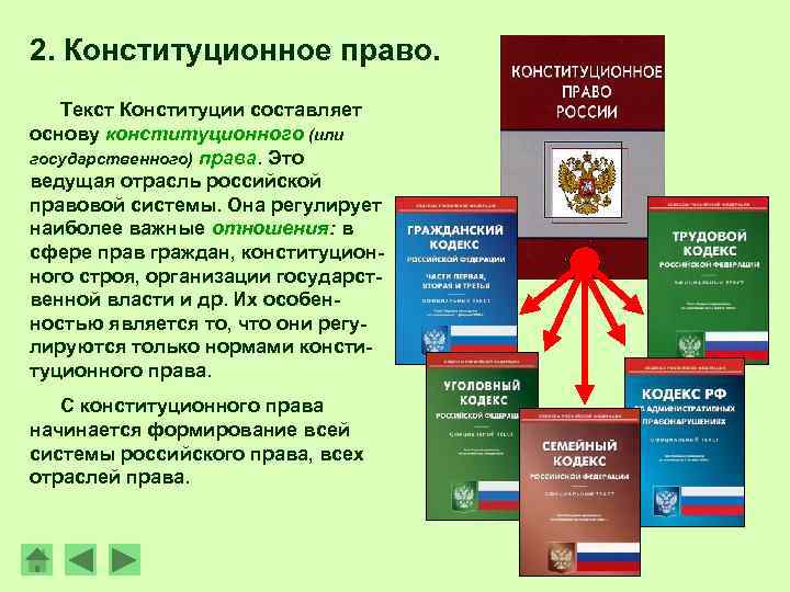 2. Конституционное право. Текст Конституции составляет основу конституционного (или государственного) права. Это ведущая отрасль