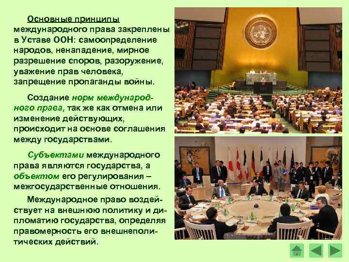 Основные принципы международного права закреплены в Уставе ООН: самоопределение народов, ненападение, мирное разрешение споров,