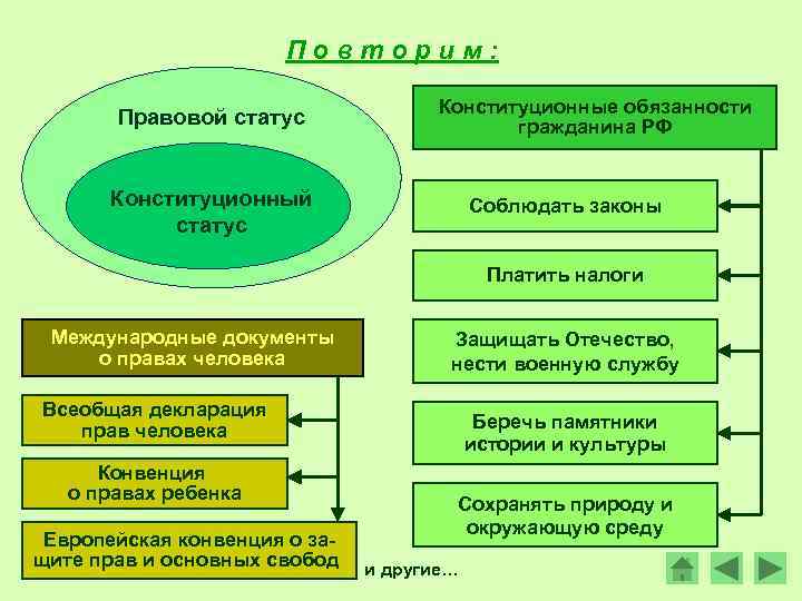 Повторим: Правовой статус Конституционные обязанности гражданина РФ Конституционный статус Соблюдать законы Платить налоги Международные