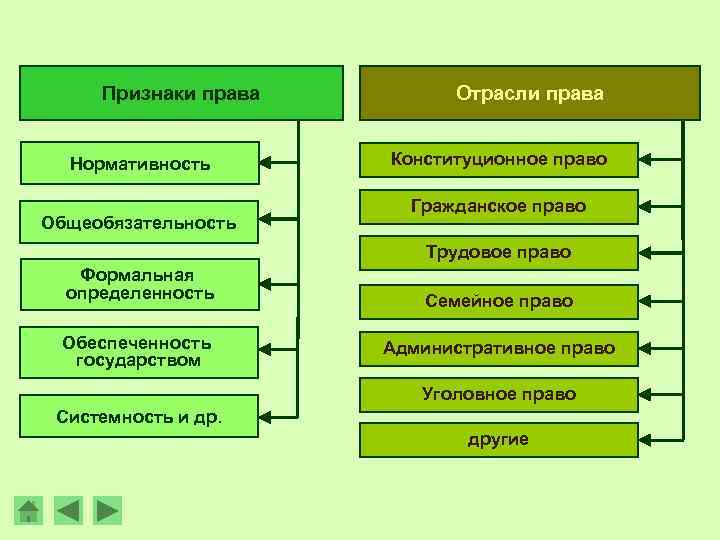 Признаки права Нормативность Общеобязательность Отрасли права Конституционное право Гражданское право Трудовое право Формальная определенность