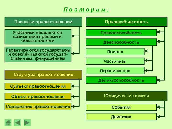 Повторим: Признаки правоотношений Участники наделяются взаимными правами и обязанностями Гарантируются государством и обеспечиваются государственным