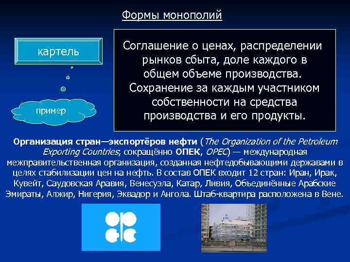 Формы монополий картель пример Соглашение о ценах, распределении рынков сбыта, доле каждого в общем