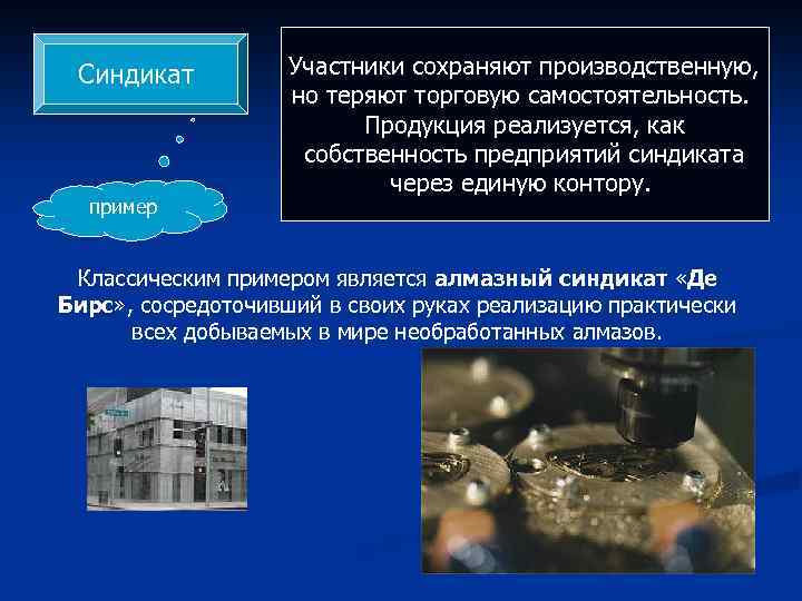 Синдикат пример Участники сохраняют производственную, но теряют торговую самостоятельность. Продукция реализуется, как собственность предприятий