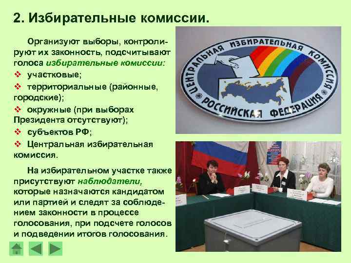 2. Избирательные комиссии. Организуют выборы, контролируют их законность, подсчитывают голоса избирательные комиссии: v участковые;