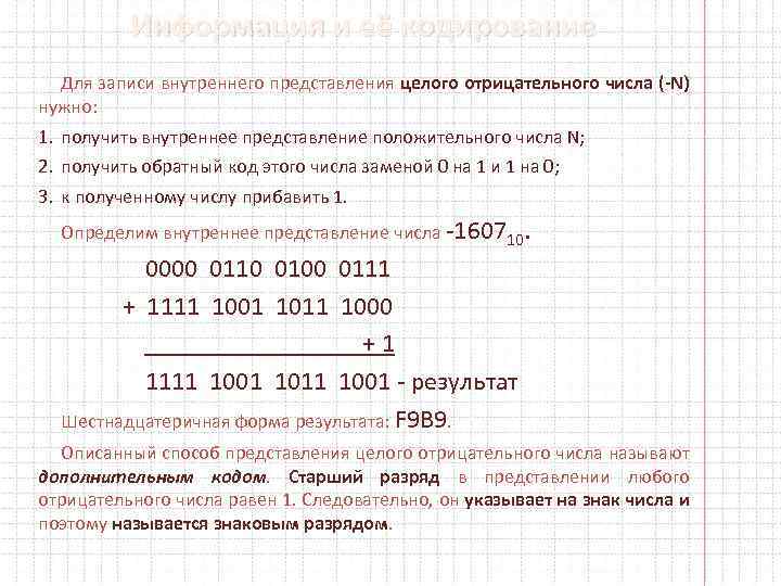 Информация и её кодирование Для записи внутреннего представления целого отрицательного числа (-N) нужно: 1.