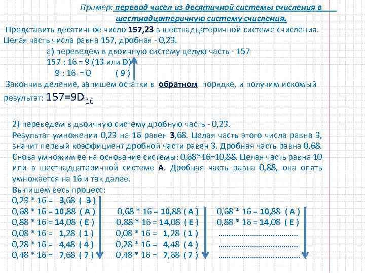 Пример: перевод чисел из десятичной системы счисления в шестнадцатеричную систему счисления. Представить десятичное число