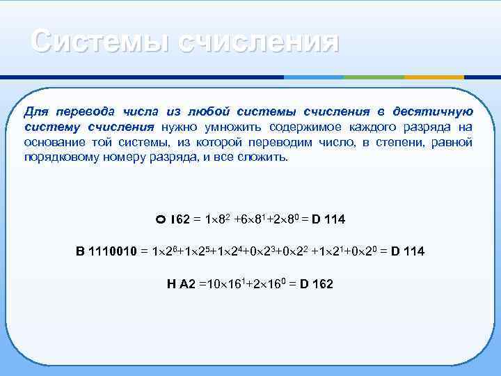 Системы счисления Для перевода числа из любой системы счисления в десятичную систему счисления нужно