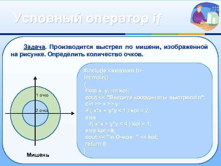 Условный оператор if Задача. Производится выстрел по мишени, изображенной Задача на рисунке. Определить количество