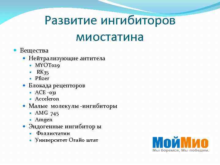 Развитие ингибиторов миостатина Вещества Нейтрализующие антитела MYOT 029 RK 35 Pfizer Блокада рецепторов ACE