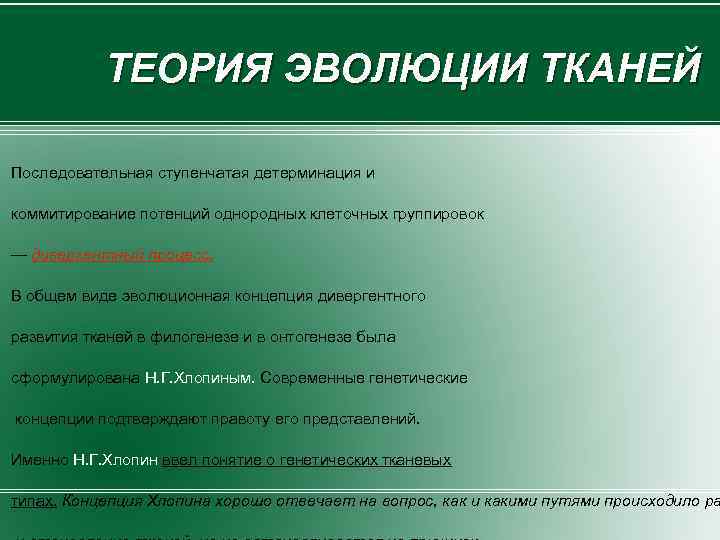 ТЕОРИЯ ЭВОЛЮЦИИ ТКАНЕЙ Последовательная ступенчатая детерминация и коммитирование потенций однородных клеточных группировок — дивергентный