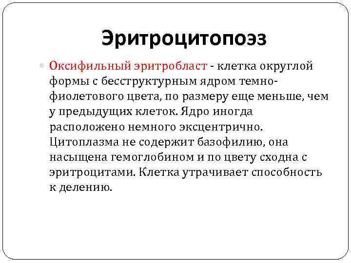 Эритроцитопоэз Оксифильный эритробласт - клетка округлой формы с бесструктурным ядром темнофиолетового цвета, по размеру