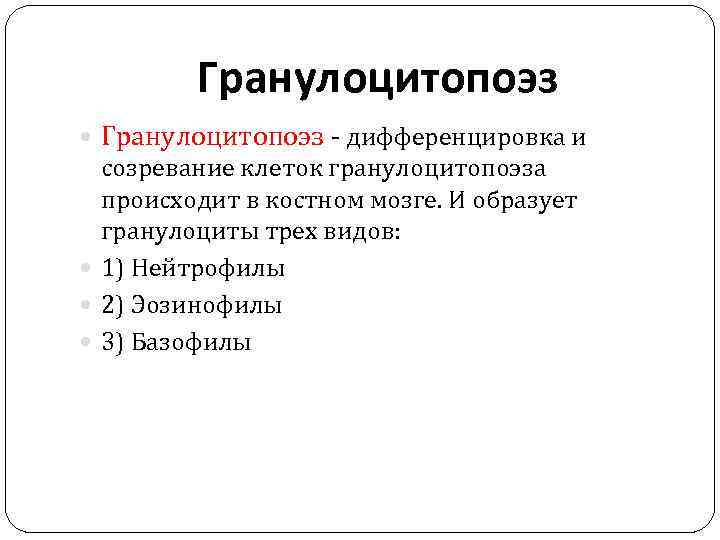 Гранулоцитопоэз - дифференцировка и созревание клеток гранулоцитопоэза происходит в костном мозге. И образует гранулоциты