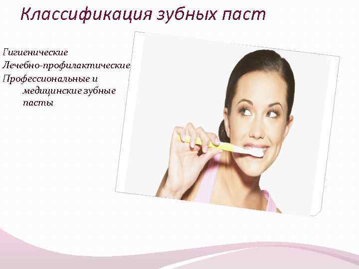 Классификация зубных паст Гигиенические Лечебно-профилактические Профессиональные и медицинские зубные пасты 