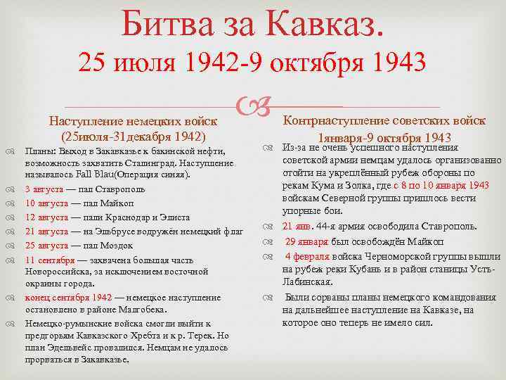 Битва за Кавказ. 25 июля 1942 -9 октября 1943 Наступление немецких войск (25 июля-31