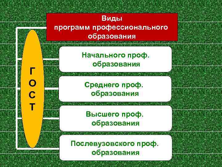 Виды программ профессионального образования Г О С Т Начального проф. образования Среднего проф. образования