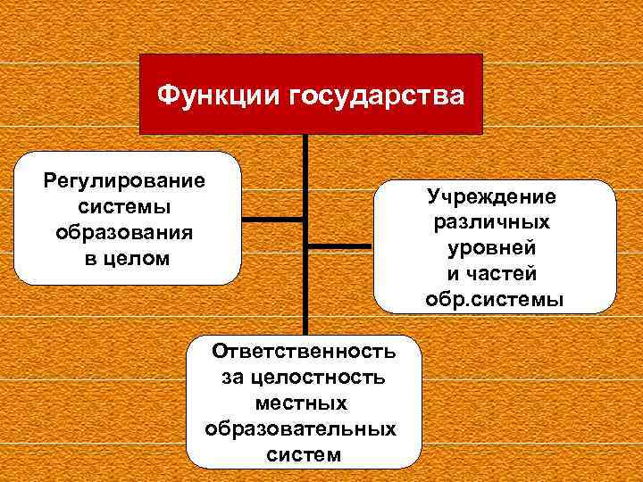 Функции государства Регулирование системы образования в целом Ответственность за целостность местных образовательных систем Учреждение