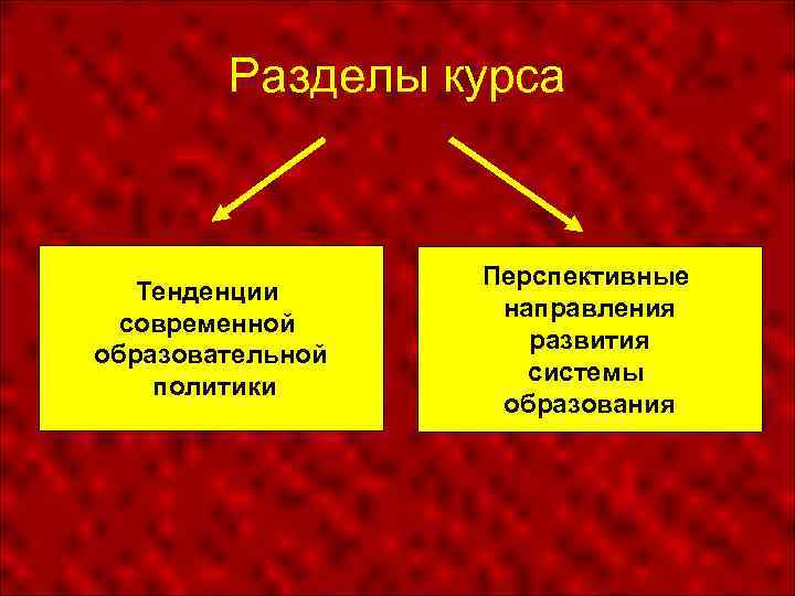 Разделы курса Тенденции современной образовательной политики Перспективные направления развития системы образования 