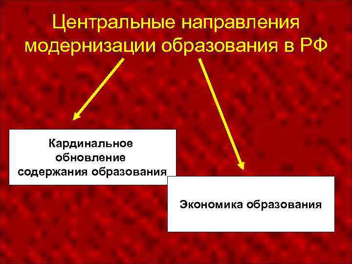 Центральные направления модернизации образования в РФ Кардинальное обновление содержания образования Экономика образования 
