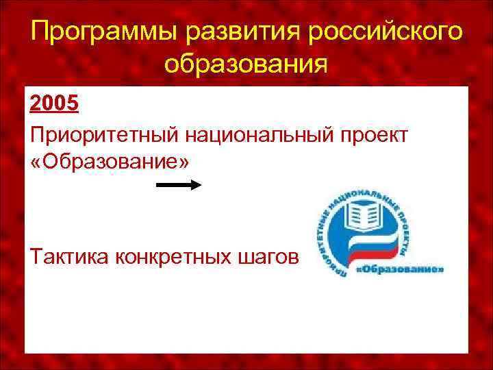 Программы развития российского образования 2005 Приоритетный национальный проект «Образование» Тактика конкретных шагов 
