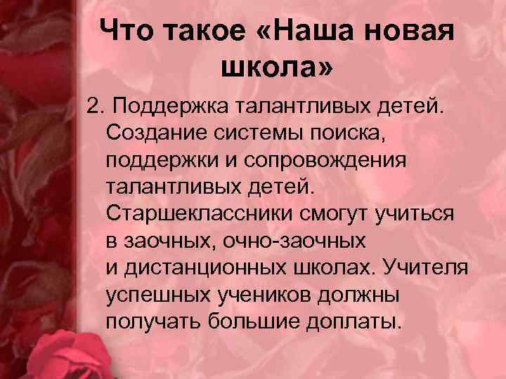 Что такое «Наша новая школа» 2. Поддержка талантливых детей. Создание системы поиска, поддержки и