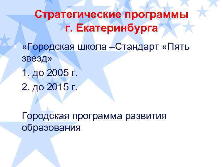 Стратегические программы г. Екатеринбурга • «Городская школа –Стандарт «Пять звезд» 1. до 2005 г.