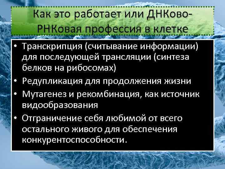 Как это работает или ДНКово. РНКовая профессия в клетке • Транскрипция (считывание информации) для