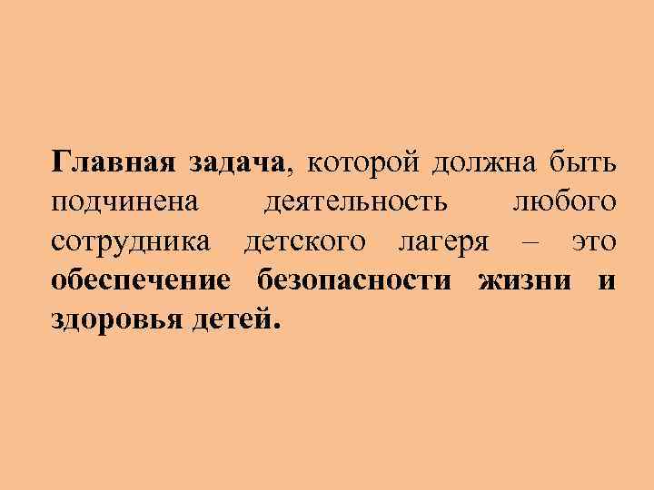 Главная задача, которой должна быть подчинена деятельность любого сотрудника детского лагеря – это обеспечение