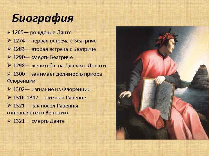 Биография Ø 1265— рождение Данте Ø 1274— первая встреча с Беатриче Ø 1283— вторая