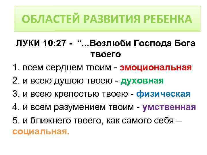 ОБЛАСТЕЙ РАЗВИТИЯ РЕБЕНКА ЛУКИ 10: 27 - “. . . Возлюби Господа Бога твоего