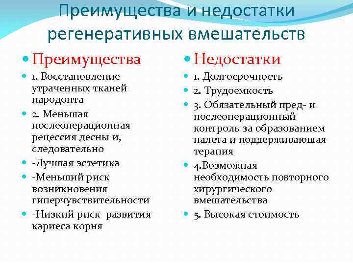 Преимущества и недостатки регенеративных вмешательств Преимущества Недостатки 1. Восстановление утраченных тканей пародонта 2. Меньшая