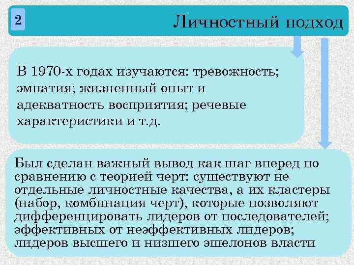 2 Личностный подход В 1970 -х годах изучаются: тревожность; эмпатия; жизненный опыт и адекватность