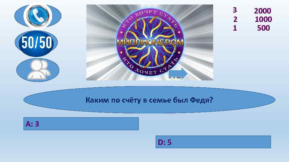 3 2 1 Каким по счёту в семье был Федя? A: 3 D: 5