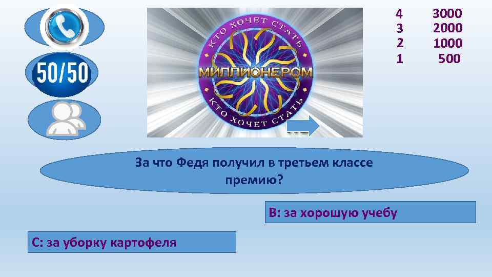 4 3 2 1 За что Федя получил в третьем классе премию? В: за