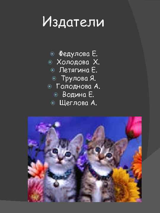 Издатели Федулова Е. Холодова Х. Летягина Е. Трулова Я. Голоднова А. Водина Е. Щеглова